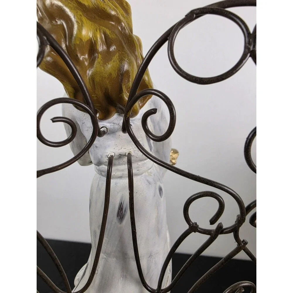 Vintage Rustic White Christmas Angel Figurine With Metal Wings Gold Trumpet 11